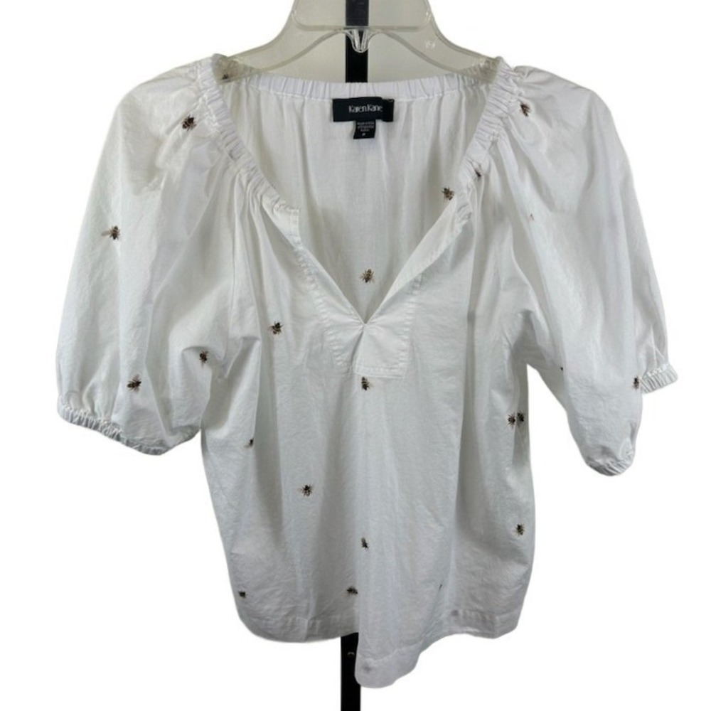 Karen Kane Blouse Women's Size Small White Bee Embroidered Puff Embroidered Top